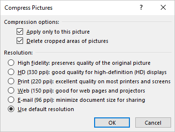 Compress Pictures dialog box in Outlook 365