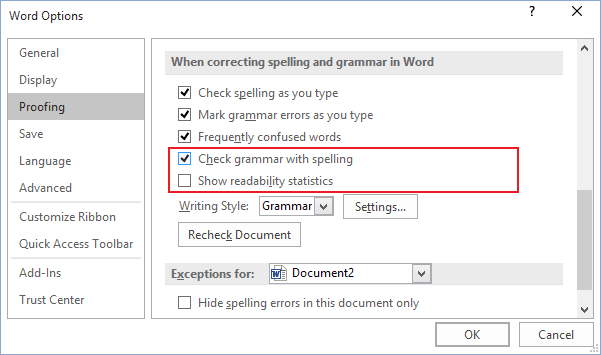 grammar options in Word 2016