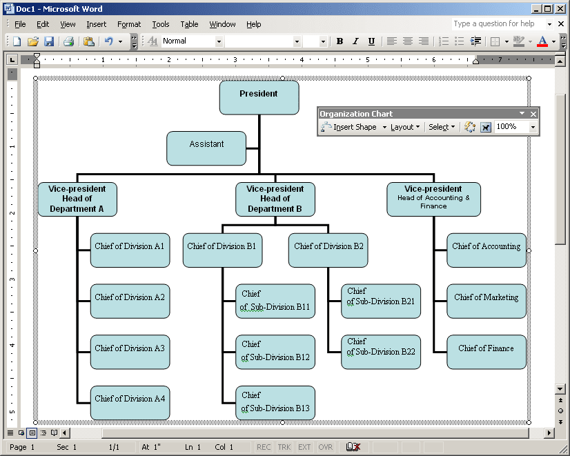 Organizational chart example in Word 2003