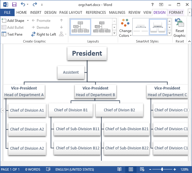 Organizational chart example in Word 2013