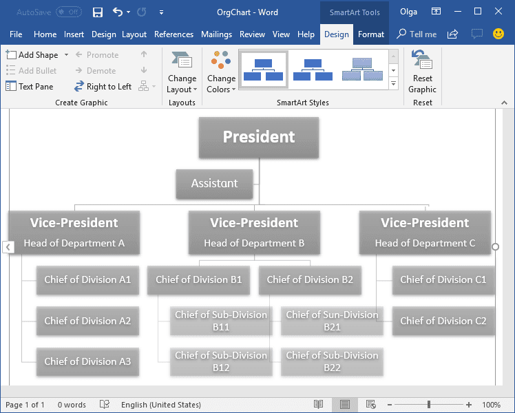 Organizational chart example in Word 2016