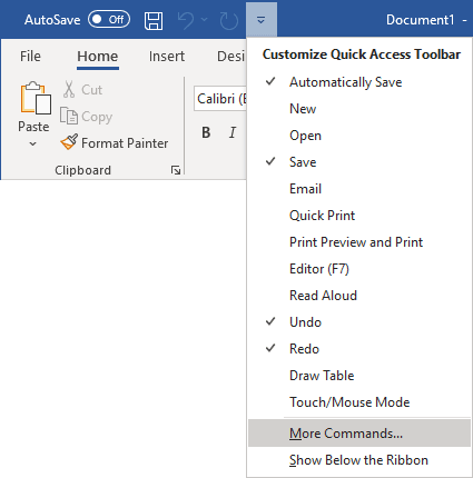 Quick Access toolbar in Word 365