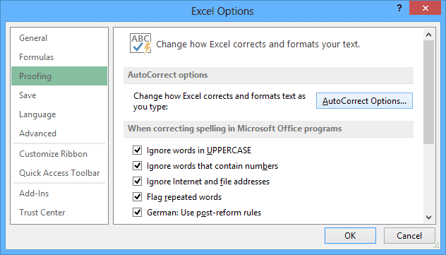 Proofing in Excel 2013