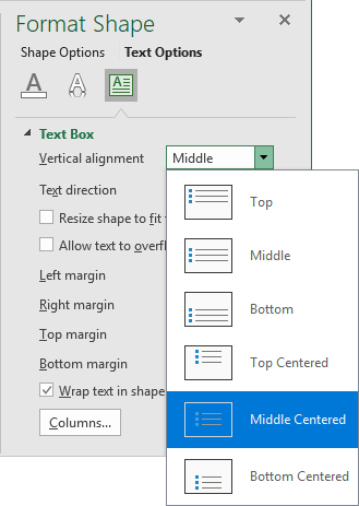 Format Shape text - Middle Centered in Excel 365