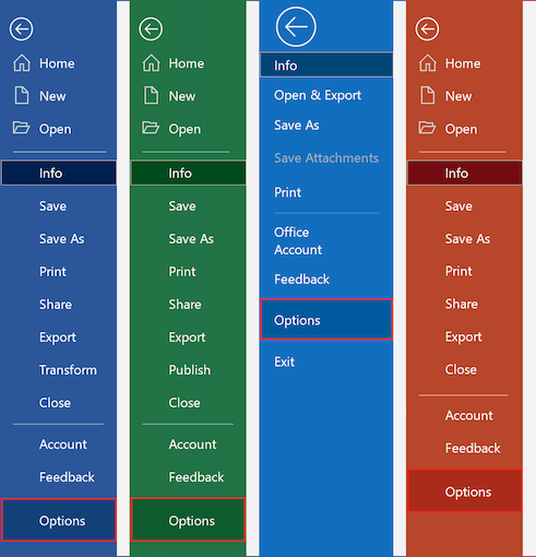 options in Office 365