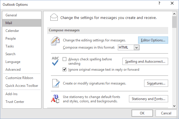 Mail Options Outlook 2016