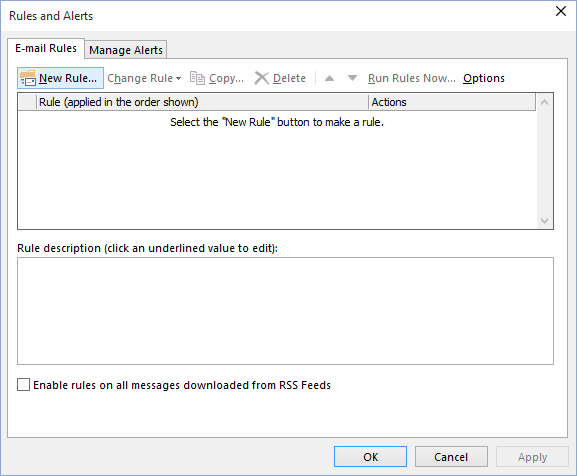 Manage Rules and Alerts button in Outlook 2016