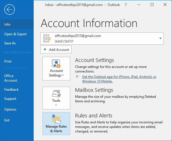 Manage Rules and Alerts button in Outlook 2016