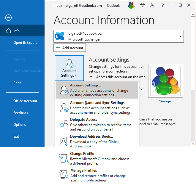 Account Settings in Account Information pane Outlook 365