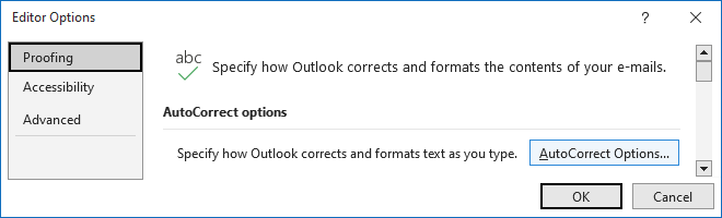 AutoCorrect Options button in Outlook 365 Options