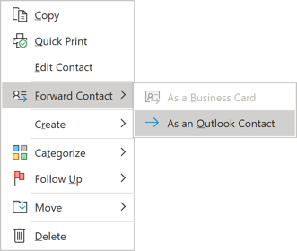 Forward Contact in popup menu Outlook 365
