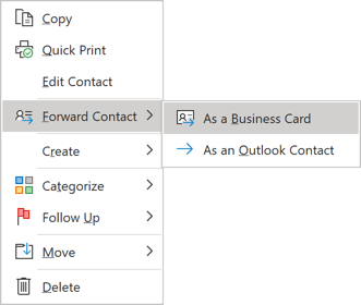 Forward Business Card in popup menu Outlook 365