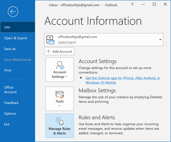 Manage Rules and Alerts button in Outlook 365