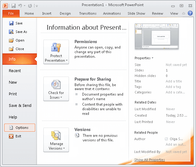 Options in PowerPoint 2010