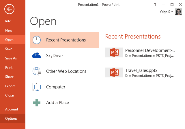 Options in PowerPoint 2013