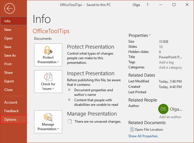 PowerPoint 2016 options