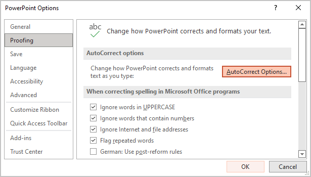 Proofing Options in PowerPoint 365