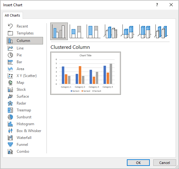 A Clustered Column chart in Insert Chart PowerPoint 365
