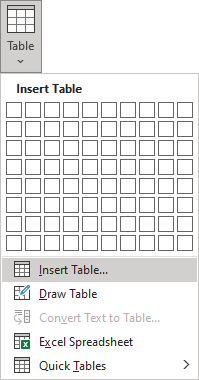 Insert table in Word 365