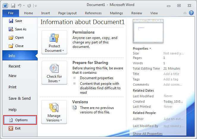 Word 2010 Options button