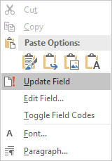 Update Field in popup menu Word 2016
