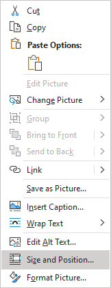Size and Position in popup menu Word 365