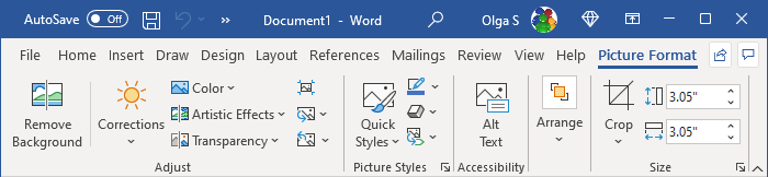 Picture Format tab in Word 365