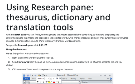 Using Research pane: thesaurus, dictionary and translation tools