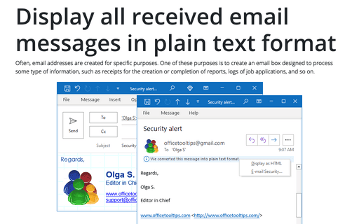 Display all received email messages in plain text format