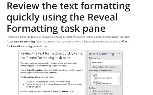 Review the text formatting quickly using the Reveal Formatting task pane