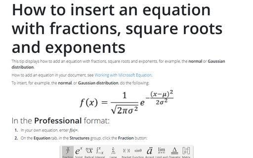 How to insert an equation with fractions, square roots and exponents
