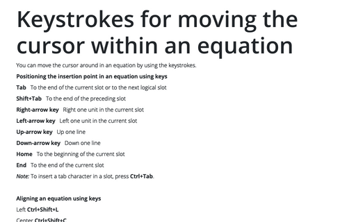 Keystrokes for moving the cursor within an equation