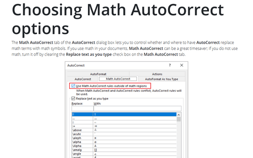 Choosing Math AutoCorrect options