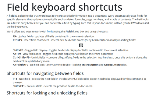 Field keyboard shortcuts