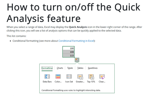 How to turn on/off the Quick Analysis feature