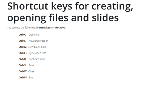 Shortcut keys for creating, opening files and slides
