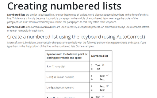 Creating numbered lists