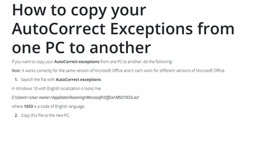 How to copy your AutoCorrect Exceptions from one PC to another