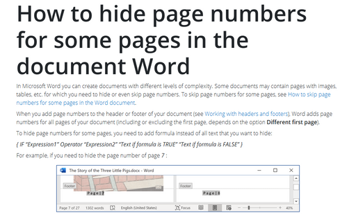 How to hide page numbers for some pages in the document Word
