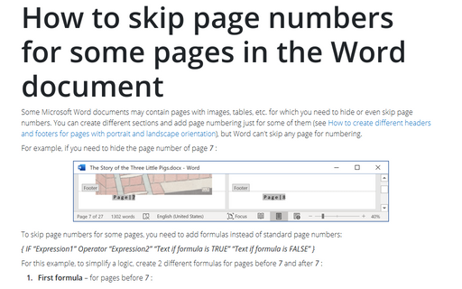 How to skip page numbers for some pages in the Word document