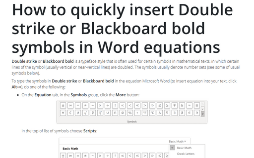 How to quickly insert Double strike or Blackboard bold symbols in Word equations