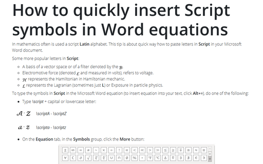How to quickly insert Script symbols in Word equations
