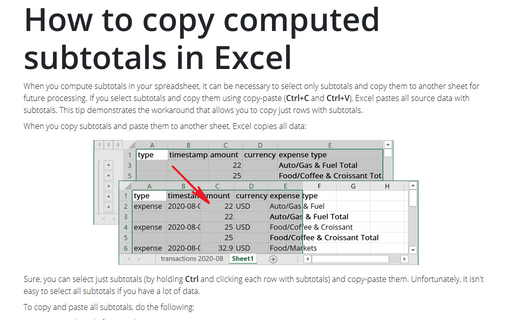 How to copy computed subtotals in Excel