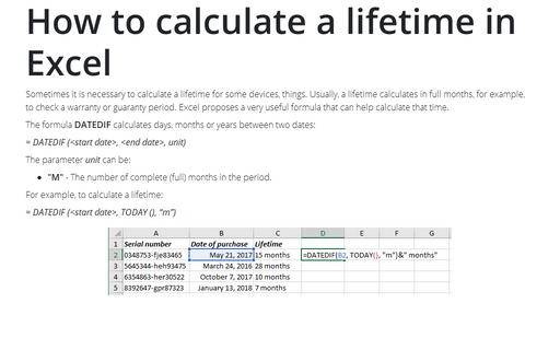 How to calculate a lifetime in Excel