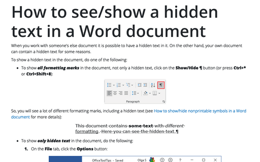 How to see/show a hidden text in a Word document