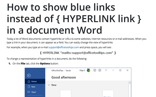 How to show blue links instead of { HYPERLINK link } in a document Word