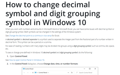 How to change decimal symbol and digit grouping symbol in Windows 10