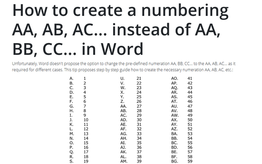 How to create a numbering AA, AB, AC... instead of AA, BB, CC... in Word