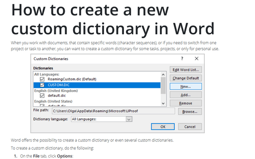 How to create a new custom dictionary in Word