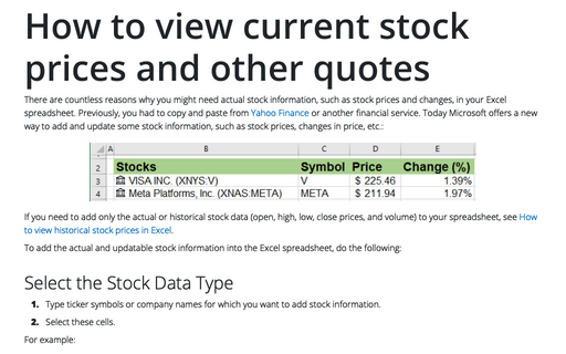 How to view current stock prices and other quotes in Excel